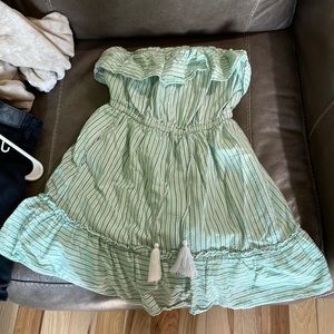 Green and White striped strapless dress